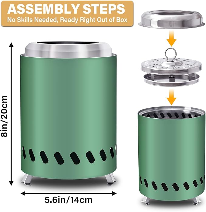 HGD 8.0 x 5.5 Inch Smokeless Firepit, Stainless Steel Fire Pits, Smokeless Fire Pit for Outside with Carry Bag for Camping Backyard Patio Garden Picnic Green
