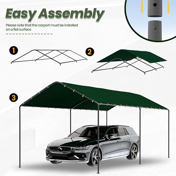 GOJOOASIS 10x20 Carport Heavy Duty Portable Garage Shelter Metal Car Canopy Tent with UV-Resistant & Weatherproof Top Cover for RV & Vehicles (Green, 10x20 Without sidewalls)