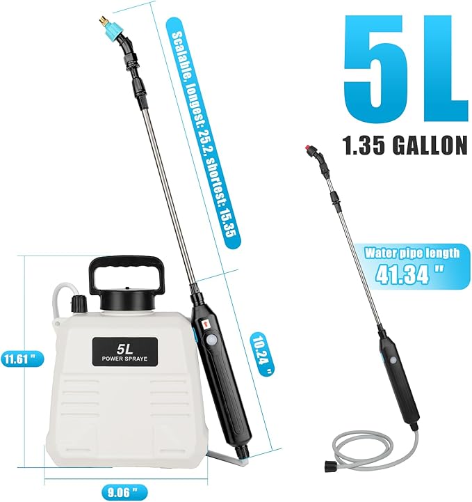 Battery Powered Sprayer 1.35 Gallon, Electric Garden Sprayer with 3 Mist Nozzles,Retractable Wand, Adjustable Strap for Lawn, Garden, Yard (White)