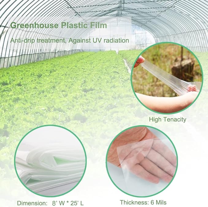 Yowlieu 8' x 25' Clear Greenhouse Plastic Sheeting, 6 Mil UV Resistant Polyethylene Greenhouse Film Hoop Green House Plastic Cover for Farms, Agriculture, Garden