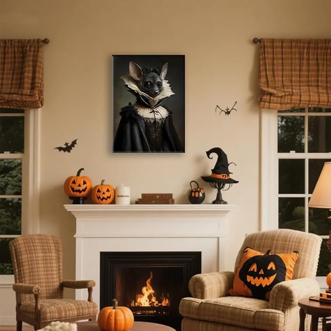 Jatinoo Gothic Bat Wall Art - Vintage Framed Canvas Print, Dark Academia & Halloween Decor, Gothic Home Aesthetic for Fantasy Art Lovers (11.5x15 Inch)