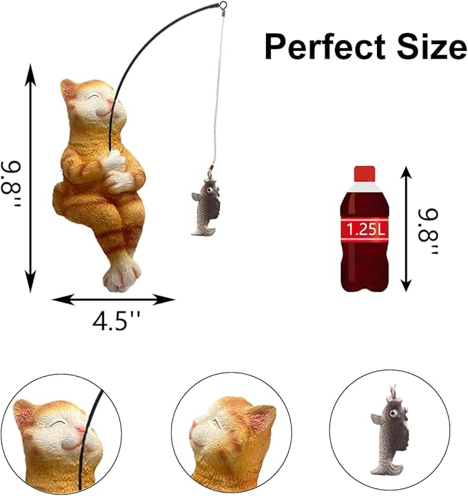 Cat Fishing Statue Garden Decor – 9.8" Weatherproof Resin Cat Fishing Sculpture Decor for Fish Ponds, Koi Ponds, Waterfalls, Poolside & Outdoor Gardens– Resin Figurine for Indoor & Outdoor Décor