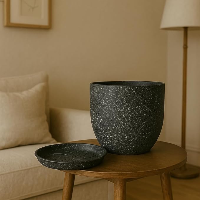 Giraffe Creation 12/10/9 Set of 3 Speckled Black Plant Pots, Modern Indoor & Outdoor Planters with Drainage Holes and Saucers