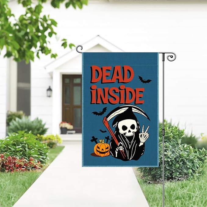 Dead Inside Garden Flag, Funny Pumpkin Spooky Yard Flag for Outside, Welcome Autumn Fall Halloween Front Porch Lawn Decoration, Funny Skeleton Peace Sign Home Banner