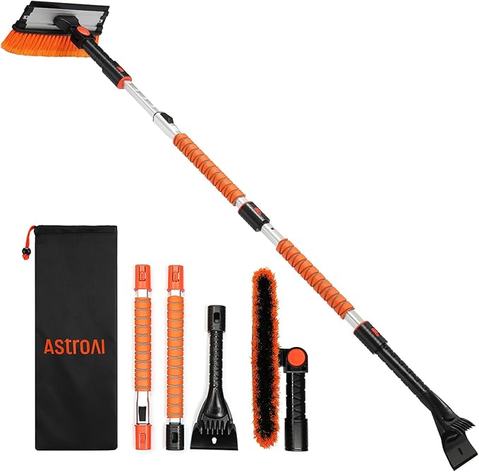 AstroAI 62.4" Ice Scrapers for Car Windshield, 3 in 1 Sturdy Snow Brush with Squeegee, 10 Adjustable Length Settings, Extendable Aluminum Handle, 180° Pivoting Snow Brush for Car, Truck, SUV(Orange)
