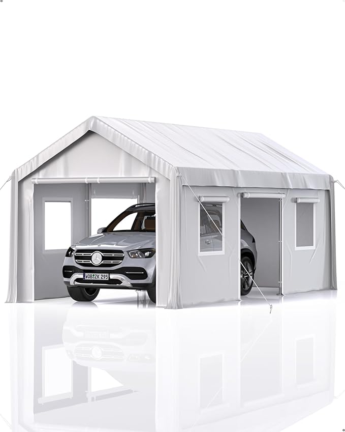 13 x 20 x11 Ft Heavy-Duty Carport, Portable Garage, 180g PE Waterproof Canopy and 8 x 1.0 mm Poles for Full-Size Pickup Trucks, Boats, and SUVs - White