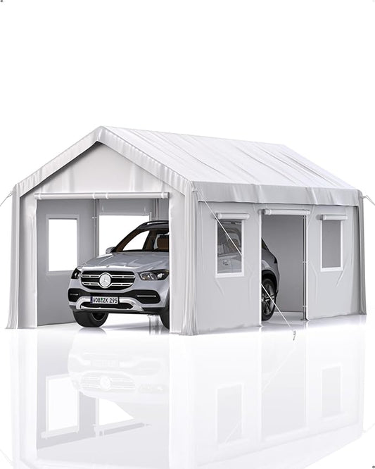 13 x 20 x11 Ft Heavy-Duty Carport, Portable Garage, 180g PE Waterproof Canopy and 8 x 1.0 mm Poles for Full-Size Pickup Trucks, Boats, and SUVs - White