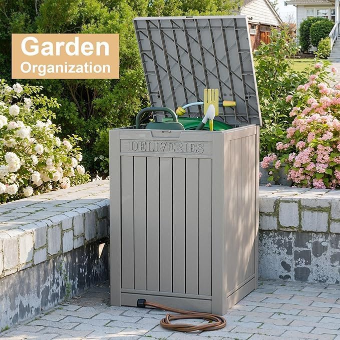 48 Gallon Resin Package Delivery Box - Rust & Moisture Resistant, Lockable, Waterproof Deck Box for Porches, Patios, Indoor & Outdoor Use（Grey，48GAL）