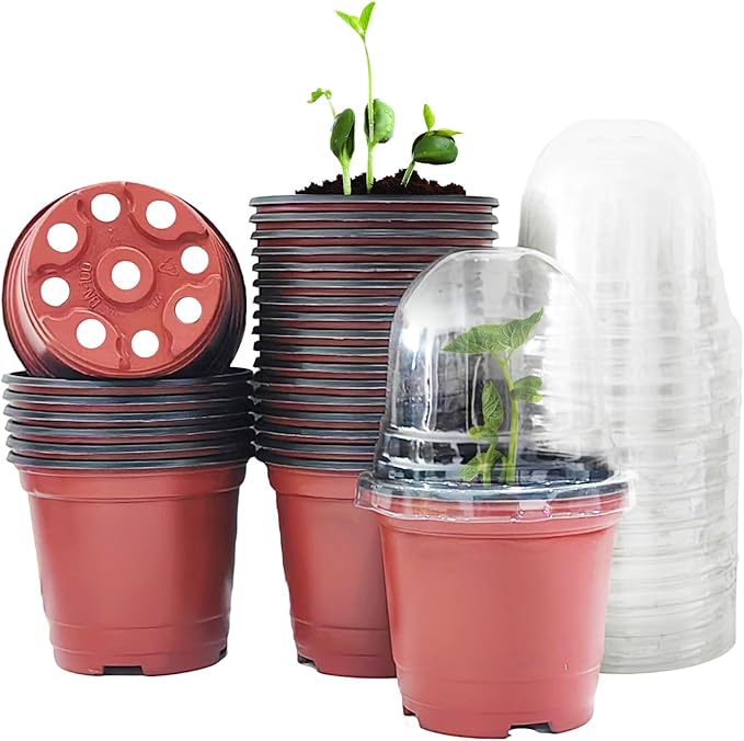 Plant Nursery Pots with Humidity Domes, 25 Sets 4 Inch Soft Nursery Pots Quality Ones (25 Red Pots + 25 Clear Lids), Seeds Starter Pots Small Planter Containers