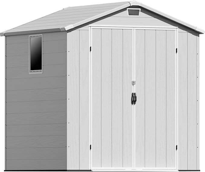 Patiowell 6 x 6 FT Outdoor Storage Shed with Lockable Door & Floor - Resin Garden Tool Shed with 2 Windows, Waterproof Easy Assembly for Backyard, Lawn Equipment, Patio Furniture Storage (Light Grey)