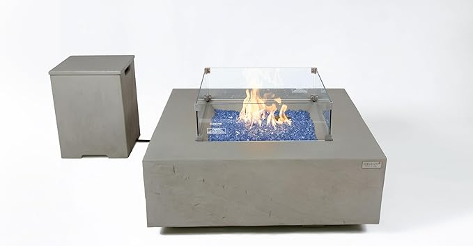 Elementi+ | Bundle Capertee Gas Fire Pit Cast Concrete 40" Square Fire Table, Outdoor Fire Pit Electronic Ignition | Canvas Cover, Fire Glass and Burner Lid Included | Light Gray | Natural Gas