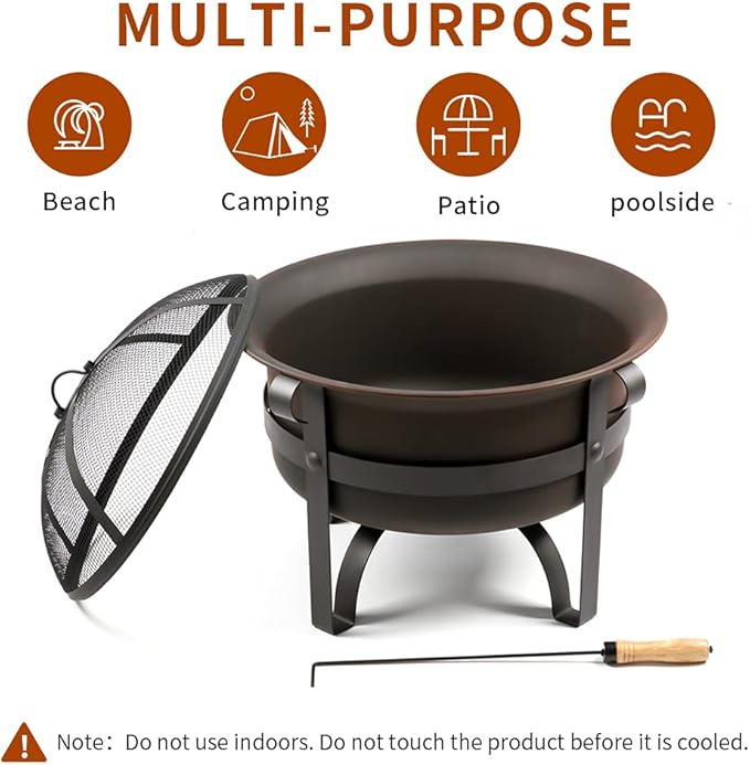 Wostore Wood Burning Fire Pits for Outside 23.5 Inch Portable Bronze Cauldron Camping Bonfire Patio Backyard Fireplace with Spark Screen and Poker