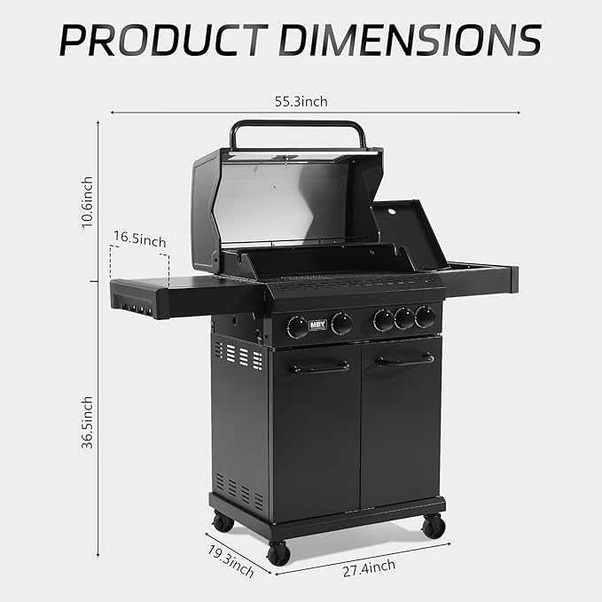 MBY 4-Burner Propane Gas Grill, 50,000 BTU Heavy Duty Outdoor BBQ Grill with Side Burner, Cast Iron Cooking Grates & Griddle for Backyard Barbecue