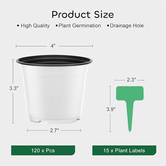 GROWNEER 120 Pack 4 Inch White Nursery Pots with Drainage Holes and 15 Plant Labels, Thick Plastic Seed Starter Kit for Indoor Outdoor Flower Planting and Garden Transplanting Seedling Planter