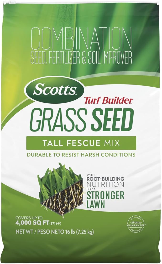 Scotts Turf Builder Grass Seed Tall Fescue Mix with Fertilizer and Soil Improver, Resists Harsh Conditions, 16 lbs.