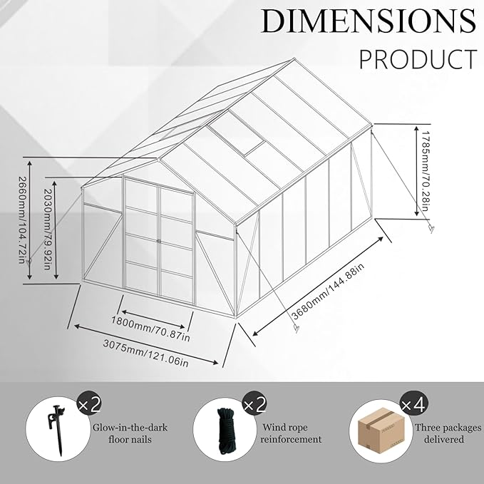 10 * 12 * 8.7FT Greenhouse for Outdoors,Polycarbonate Greenhouse with Stronger Wind Protection and Roof Vent,Walk-in Large Aluminum Sunroom Winter Proof,Black