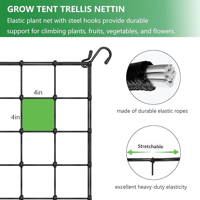 Grow Tent Netting, 3x3FT Elastic Netting with 4 Hooks, Heavy-Duty Support for Indoor Plants