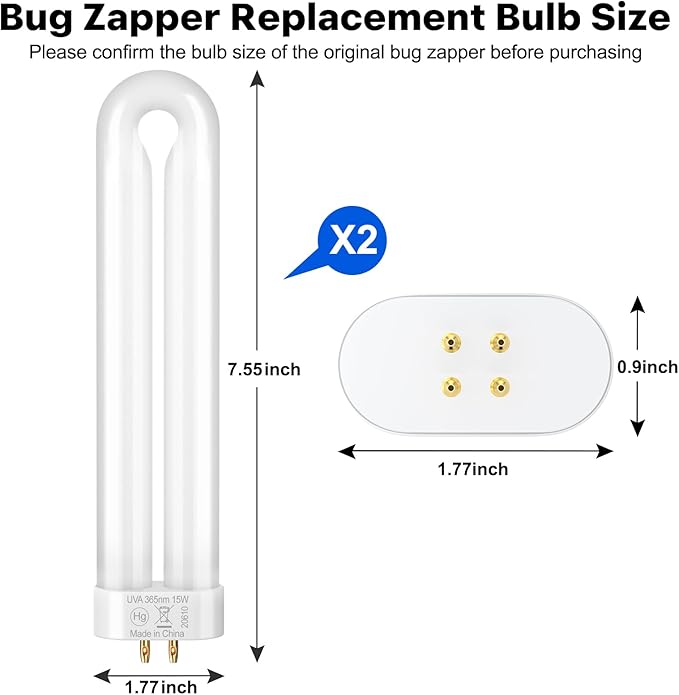 GOOTOP Replacement Bulb for Zap T6 Pro, K15, T9, X3 Bug Zapper Outdoor, 15W, 4-Pin Base, U Shaped Twin Tube Bulb for Outdoor Mosquito Zapper,2 Pack