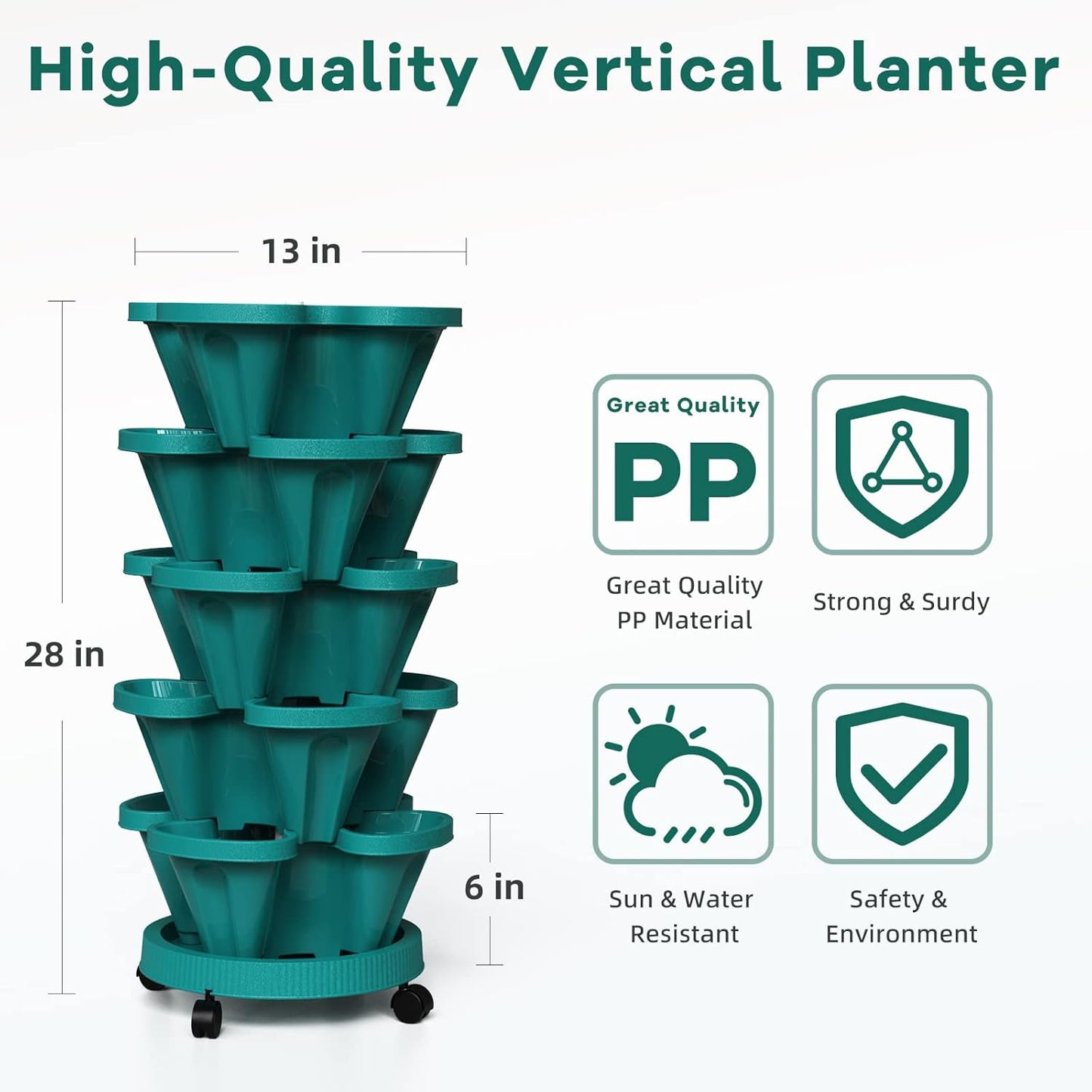 Strawberry Vertical Planters Tower Garden, 5 Tiered Stacking Planter with Support Pole, Stackable Herb Vegetable Planters Indoor and Outdoor - Hunter Green