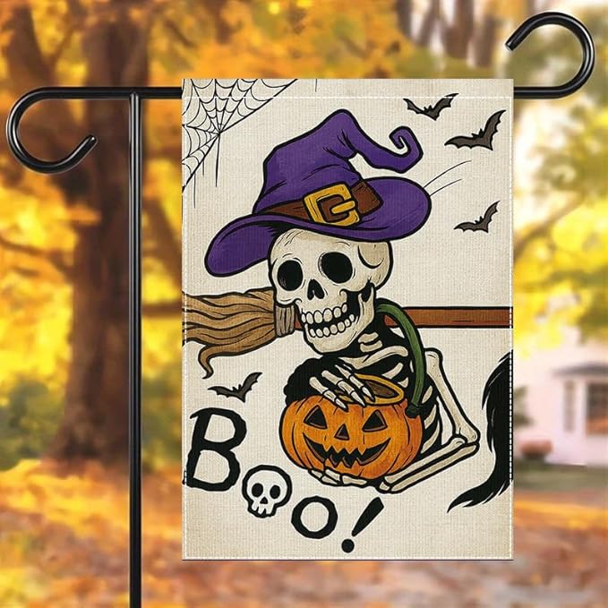 Halloween Garden Flag 12x18 Inch Skeleton Pumpkin Witch Hat Boo Yard flag Double Sided Outdoor Porch Patio Lawn Party Decoration for Fall Holiday Birthday