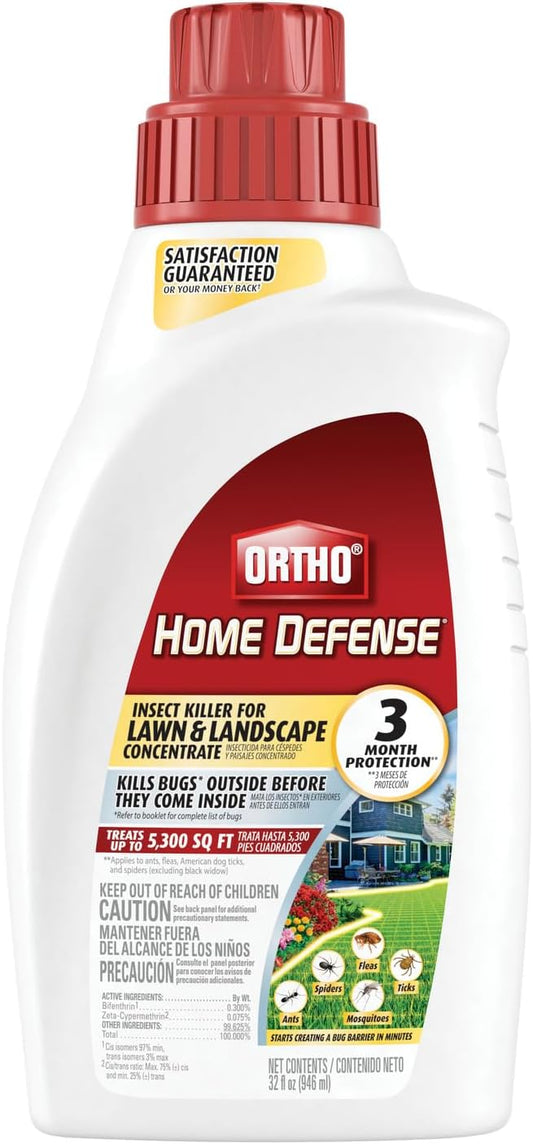 Ortho Home Defense Insect Killer for Lawn & Landscape Concentrate - Treats up to 5,300 sq. ft., For Ants, Ticks, Mosquitoes, Fleas & Spiders, Starts Working Within Minutes, 32 oz.