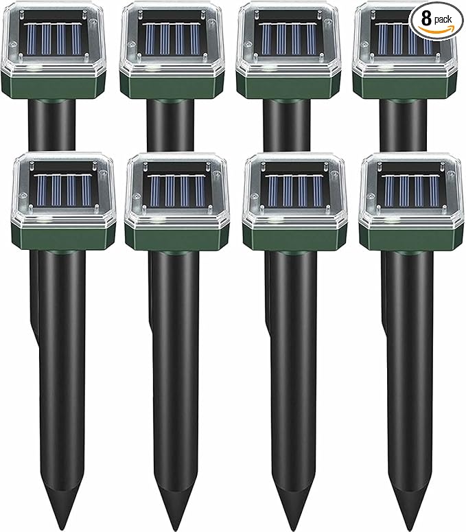 Mole Repellent Solar Powered - Ultrasonic Mole Vole Repeller Outdoor Deterrent, Rodent Snake Chipmunk Gopher Repellent for Lawns Garden Yard (8 Packs)