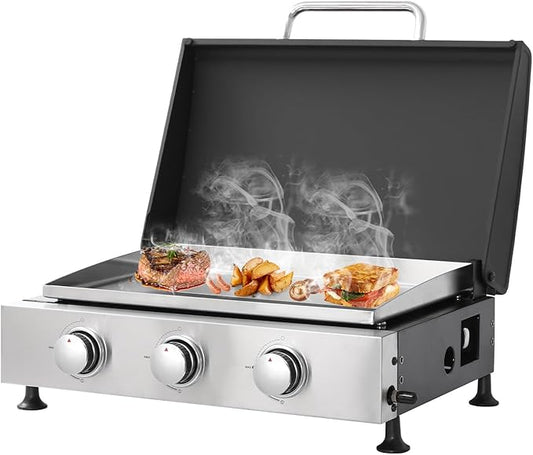 26 inch Tabletop Griddle with Ceramic Coated Cast Iron Plate, 3 Burners Flat Top pan, 28650 BTU Portable Propane Gas BBQ Grill Teppanyaki for Kitchen Outdoor Cooking Barbecue Camping (Griddle)
