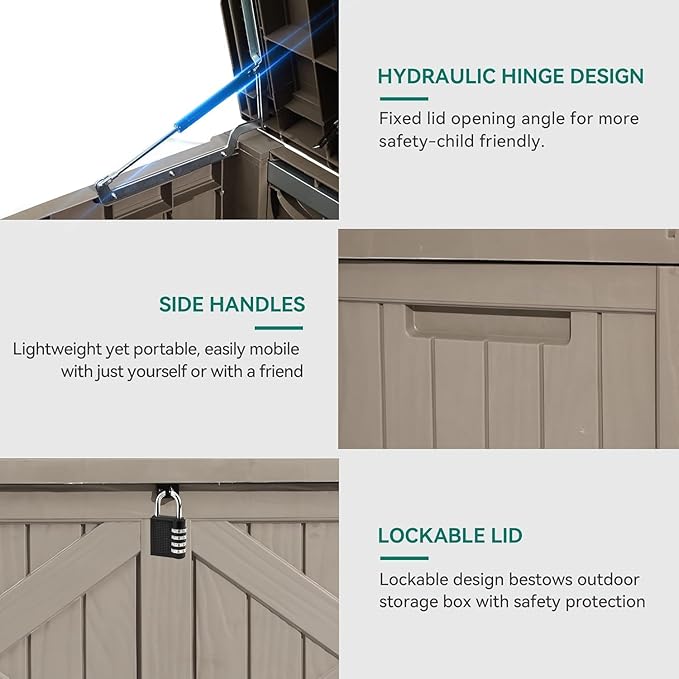 YITAHOME 120 Gallon Large Outdoor Storage Box with X-Shaped Front, Waterproof Resin Deck Box Cushion Storage Bench for Patio, Pool Supplies, Garden Tools- Lockable, Taupe