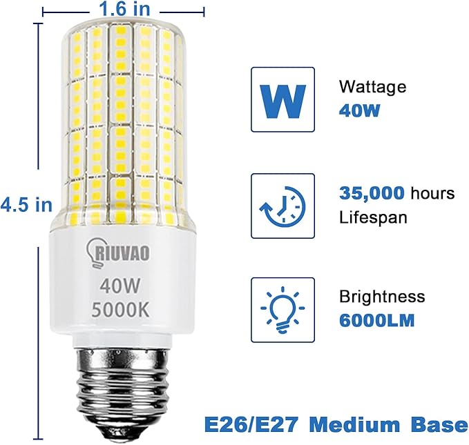 Led Light Bulbs 300W Equivalent Super Bright 5000Lm 5000K Cool Daylight White Led Bulb E26/E27 Medium Base 40w Waterproof Leds Corn Light Bulb for Outdoor Indoor Lamp Bedroom Office Garage-2 Pack