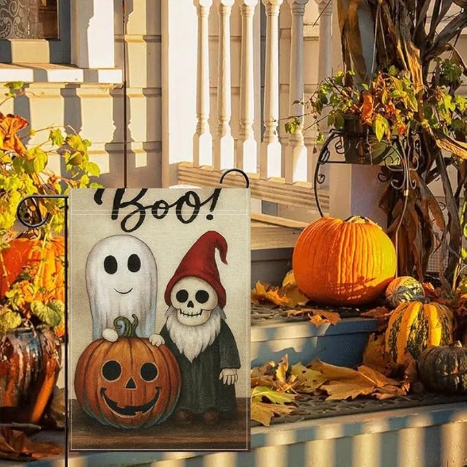 Halloween Garden Flag 12x18 Inch Double Sided Ghost Pumpkin Skeleton Yard flag Outdoor Holiday Party Porch Decor for Patio Lawn Garden Home Decoration