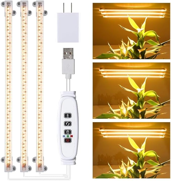 3 Head LED Grow Light Strips for Indoor Plants Full Spectrum 3500K, 144 LEDs Plant Light Bar with 3/9/12H Timer, 10 Dimmable Levels for Seedling Succulent, 13 Inches