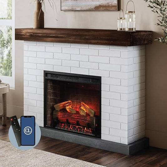Country Living - Jackson Fireplace Mantel Package, WiFi Enabled 28” Fireplace Insert, White Brick Mantel Surround, Alexa/WiFi Enabled, 1500W
