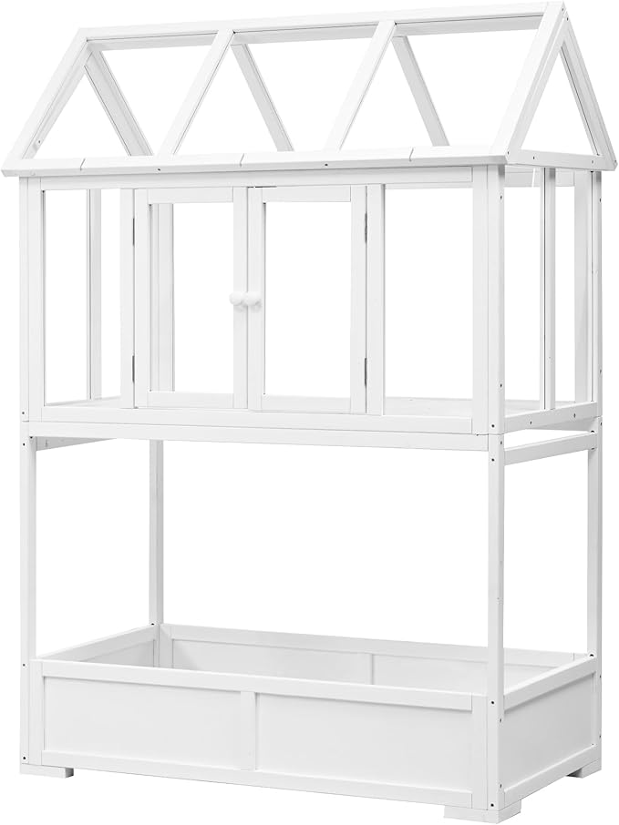 Merax 69.3" H Wood Garden Greenhouse, Balcony Portable Mini Cold Frame with Wheels, Movable Storage Box and Openable Roof, Flower Plants Shelf for Balcony Outdoor Indoor Backyard, White