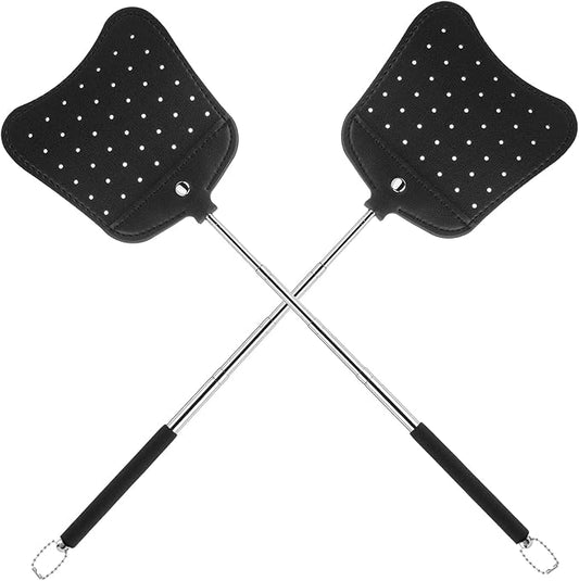 Foxany Leather Fly Swatter, Telescopic Fly Swatters Heavy Duty Set, Flexible Manual Flyswatters Pack, Extendable Swatter with Long Metal Handle for Indoor Outdoor, 2 Pack