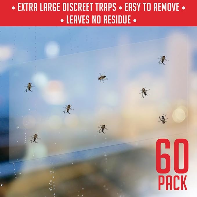 Window Fly Traps Indoor Clear (60 Pack) - Fly Window Traps for Indoors Sticky, Indoor Fly Trap Non-Toxic Fly Strips for Windows - Fly Sticky Traps Indoor Fly Paper Indoor Bug Sticky Traps (8.25" x 5")