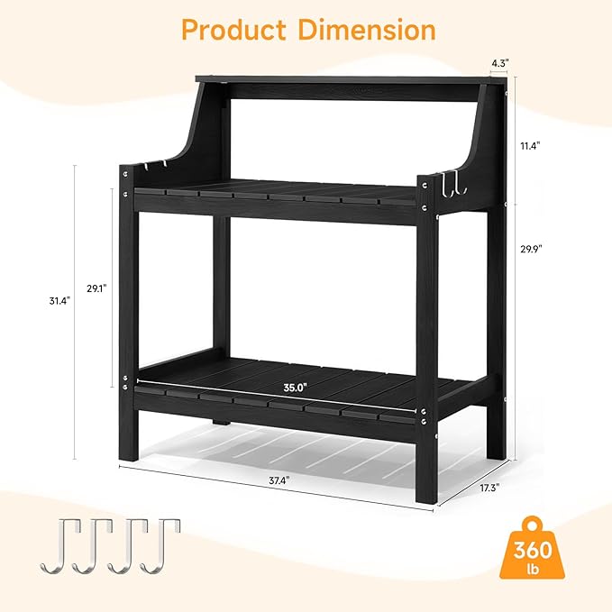 Potting Bench Table, HDPS Potting Bench with 4 Side Hooks, All-Weather Garden Table Work Station, Outdoor Potting Table for Porch, No Rust, No Fade, No Break, 360lbs Capacity (Black, Large)