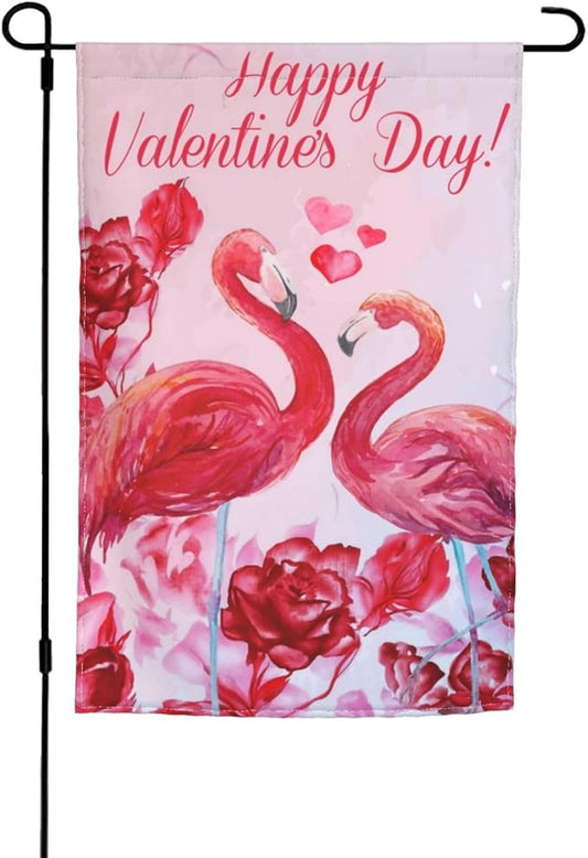 Happy Valentine'S Day Flamingo Rose Garden Flag Welcome Party Outdoor Outside Decorations Picks Home House Garden Yard Decor 12x18 Inch