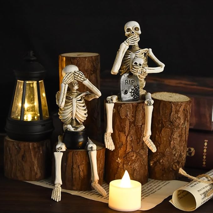 Halloween Decorations Indoor Skeleton Statues See Speak Hear No Evil Figurines for Mantel Table - Realistic Resin Skull Spooky Gothic Home Decor Set of 3