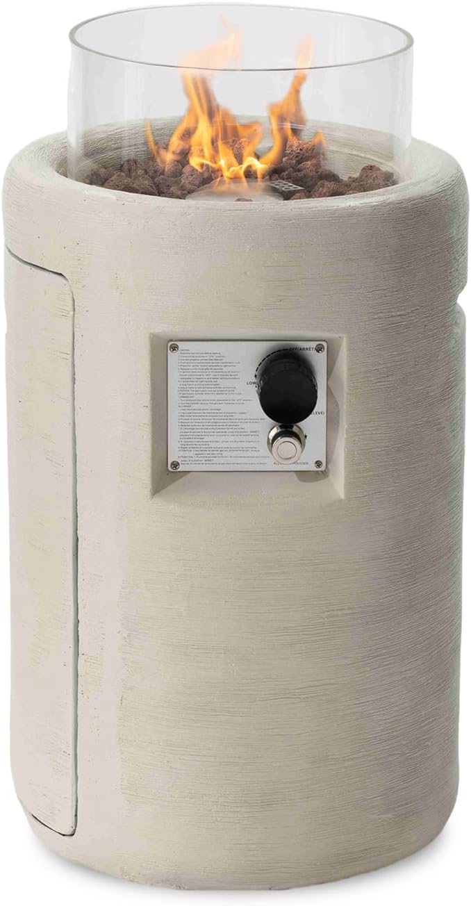 SUNBURY Outdoor Propane Fire Pit, Stone Like Fire Pit Table with Glass Wind Guard, Waterproof Cover, 40000BTUS Small Column Firepit Garden Lighting, CSA Certified (Creamy White)