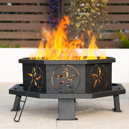 32 Inch Octagonal Outdoor Fire Pit,Wood Burning Fire Pit with Fire Poker,Firepits for Outside Bonfire,Camping,Backyard, Garden,Patio