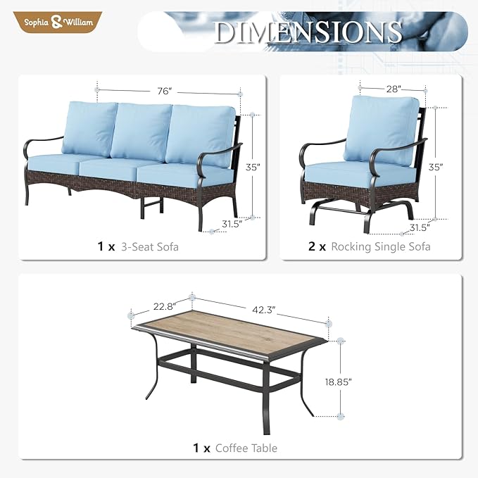 Sophia & William Patio Furniture Set, 4 Piece Metal Outdoor Conversation Set with 3-Seater Outdoor Couch, 2 Sofa Chairs, 1 Coffee Table for Outdoor Seating, Backyard, Porch(Blue)