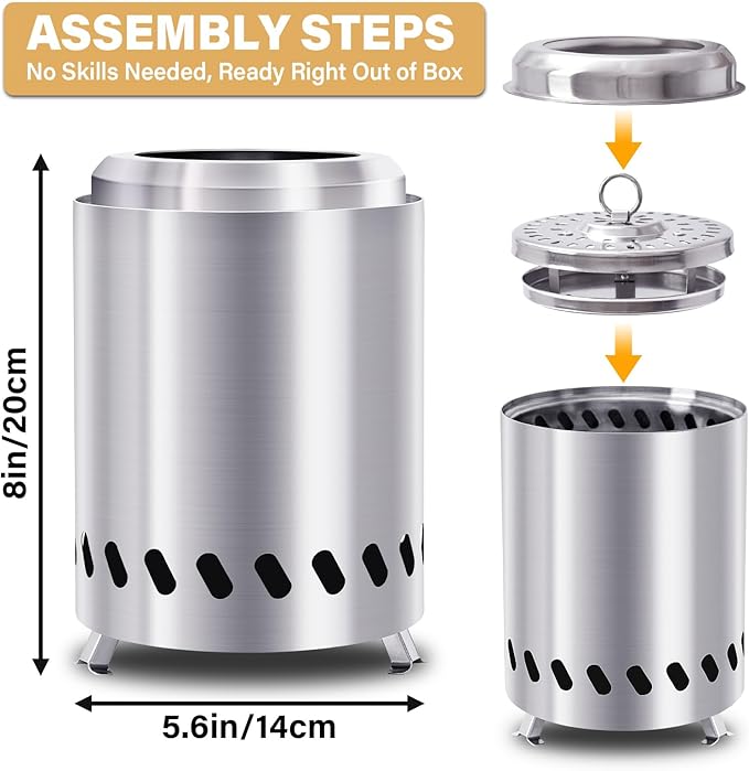 HGD Small Tabletop Fire Pit 8.0 x 5.5 in, Portable Mini Smokeless Table Top Firepit, Low Smoke Camping Stove for Outdoor/Patio, with Travel Bag & Forks, Fueled by Pellets/Wood, Stainless Steel, Silver