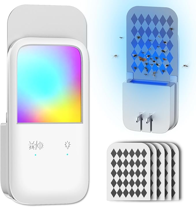 Plug-in Fly Trap & Nightlight - Indoor Insect Catcher for Mosquitoes, Gnats, Fruit Flies with RGB Night Lamp for Home, Kitchen, Office (White, 1 Bug Light Device with 5 Sticky Pads)