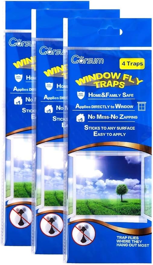 Garsum Window Fly Traps Indoor, Fly Paper Bug Sticky Strips, House Fly Killer Window Decal Non-Toxic,4 Pcs per Pack Total 12 Pieces
