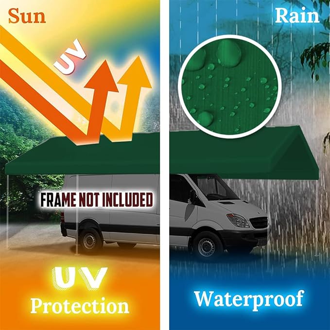 12'x20' Upgraded Carport Replacement Top Canopy Cover for Car Garage Shelter Tent Party Tent with Ball Bungees Green (Only Top Cover, Frame is not Included)