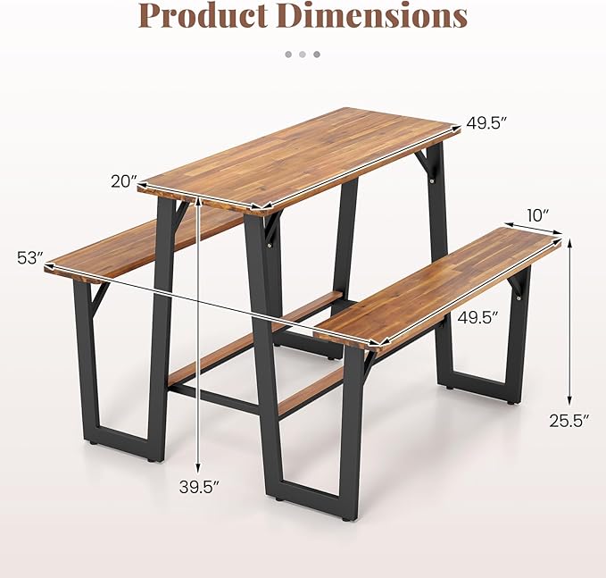 Tangkula Acacia Wood Picnic Table, 4-Person Outdoor Rectangular Table and Bench Set with 2 Built-in Benches, Footrests, Umbrella Hole, Heavy-Duty Metal Frame for Backyard, Poolside, Garden (Natural)