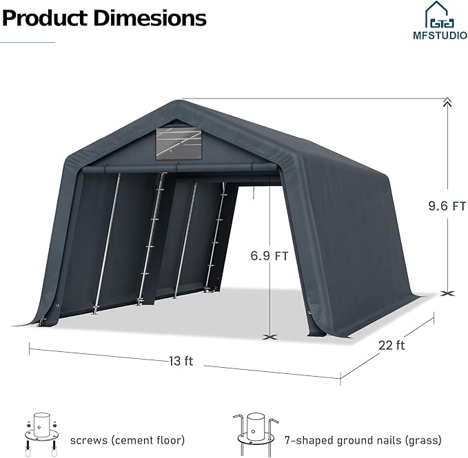 MFSTUDIO Outdoor Carport 13x22 ft, Portable Storage Sheds Shelter Garages Heavy Duty Canopy with Rolled up Zipper Doors, Outside Utility Shed Garage Tent for Boat,Patio Furniture and Tools