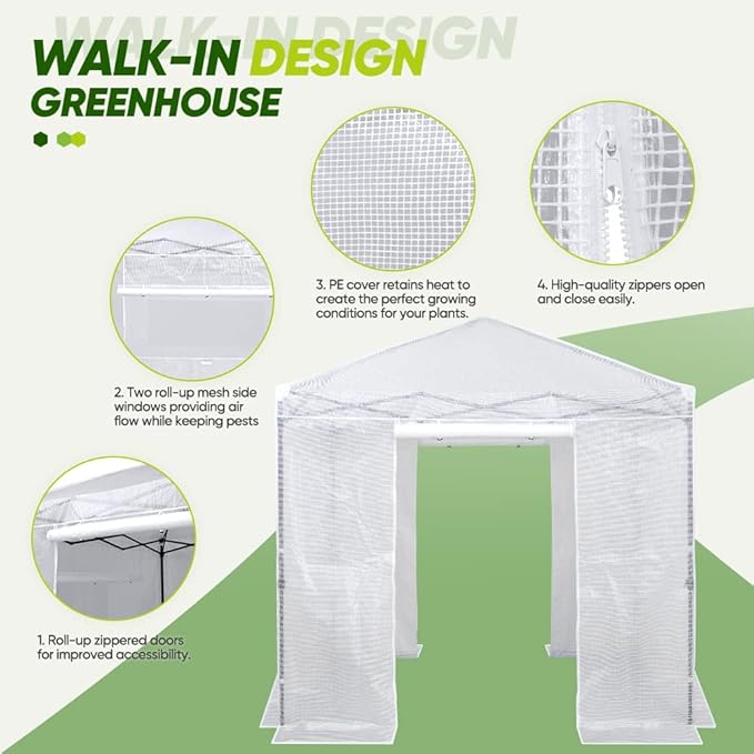 EAGLE PEAK Instant Pop-up Greenhouse, Indoor Outdoor Plant Gardening Green House, Roll-Up Zipper Doors and Side Windows, Walk in 8x8 ft, PE Cover, White/Clear