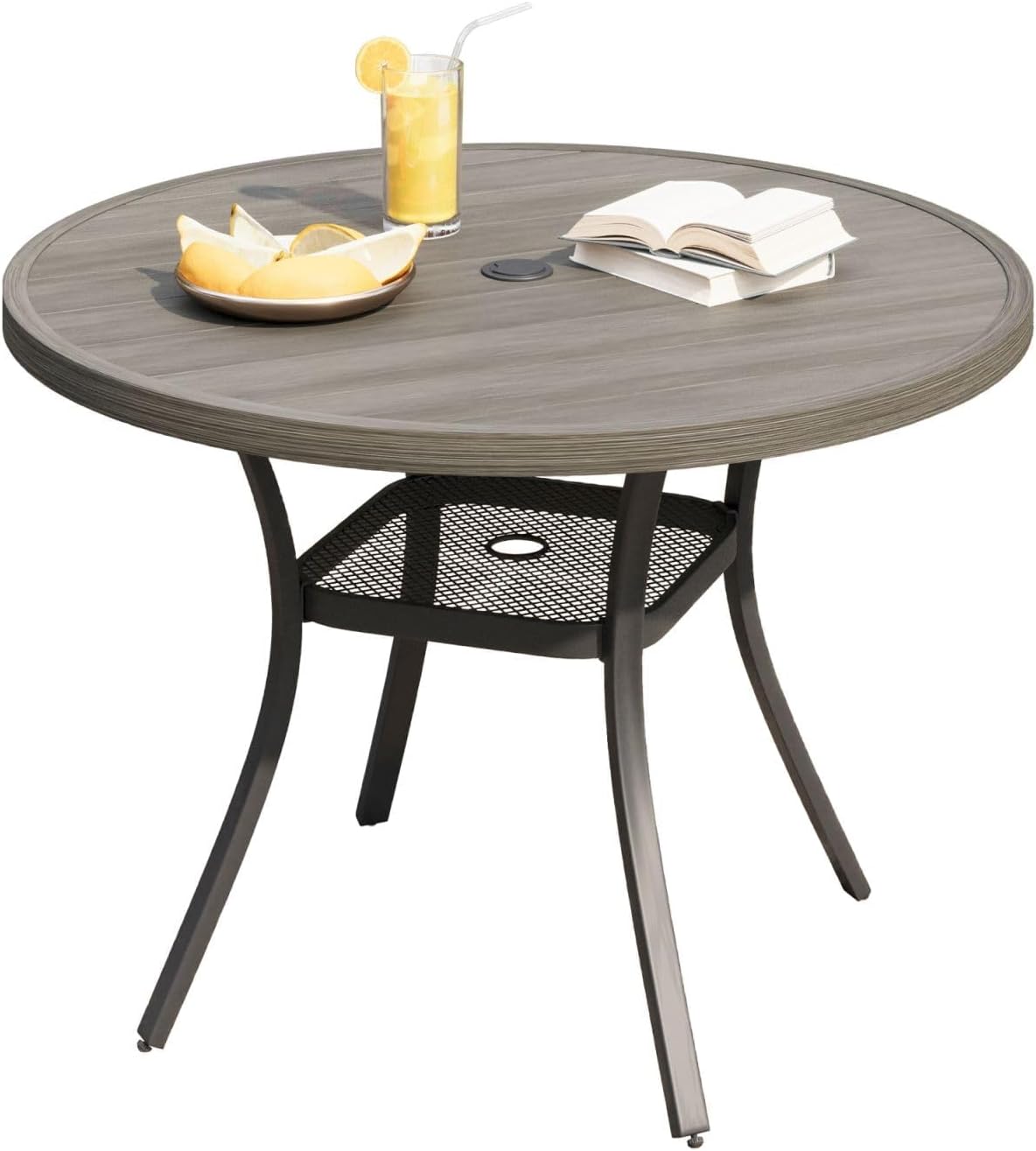 DIFY Outdoor Dining Table for 4, Round Patio Table with Umbrella Hole for Garden, Backyard and Porch (Grey)