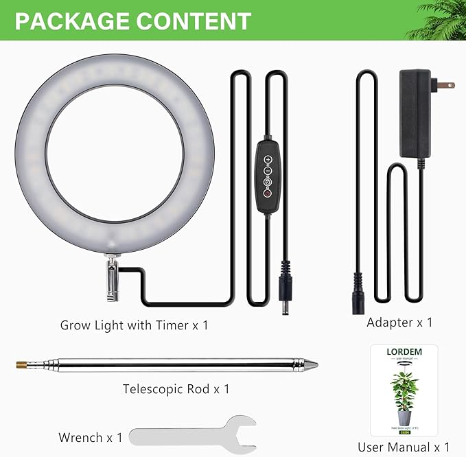 LORDEM Grow Light for Indoor Plants, 7.9" Full Spectrum LED Plant Grow Light, Height Adjustable Growing Lamp with Auto Timer 4H/8H/12H, 6 Dimmable Levels, Black, 1 Pack